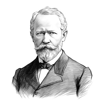 Black and white vintage engraving, close-up headshot portrait of Pyotr Ilyich Tchaikovsky, the famous historical Russian Romantic music composer, white background, greyscale
