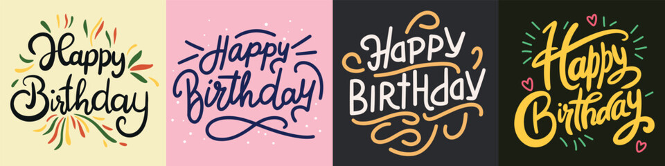 Collection of Happy Birthday text banner. Hand drawn vector art.