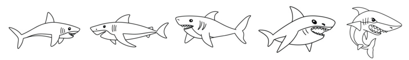 Set of sharks in doodle style. Hand drawn vector art.
