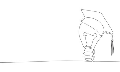 Bulb with graduated cap one line continuous. Line art graduated banner concept. Hand drawn vector art.