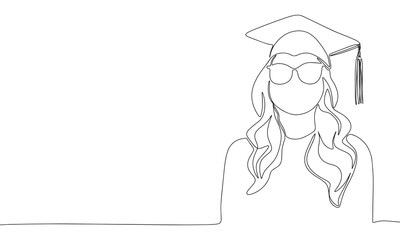 Graduation girl one line continuous. Line art graduated banner concept. Hand drawn vector art.