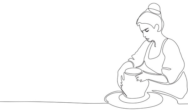 recommend clip art: Potter woman one line continuous. Line art potter banner concept. Hand drawn vector art.