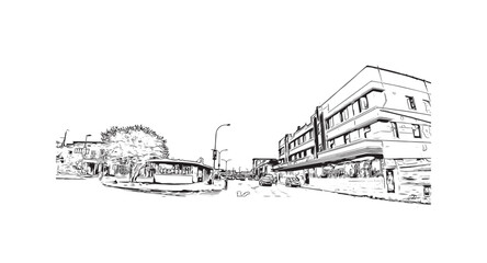 Print Building view with landmark of Springs is a city in United States. Hand drawn sketch illustration in vector.