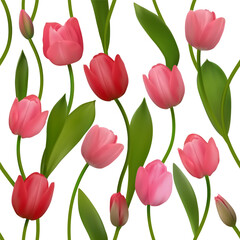 Spring flowers. Beautiful tulips. Floral background. Buds. Pink. Red. Green leaves. Beautiful vector illustration of red and pink tulips on a white background. Bouquet. Seamless pattern.