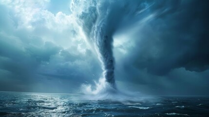 A massive waterspout swirling over the ocean, with spray kicked up from the surface as it moves toward the shore, posing a threat to coastal areas.
