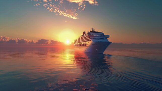 A majestic cruise ship gliding through calm ocean waters at sunset, epitomizing the luxury and elegance of sea travel.