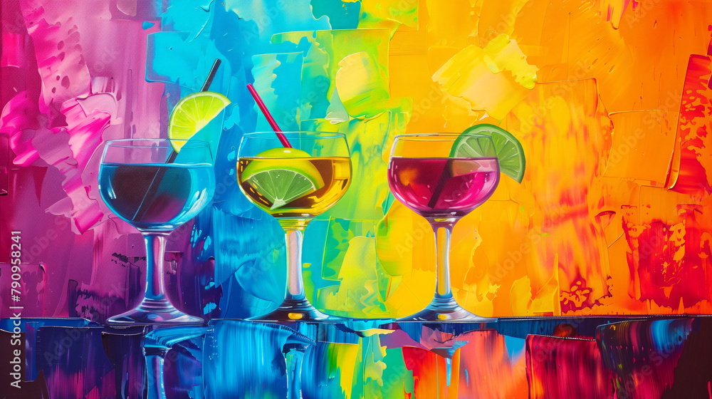 Poster three colorful wine glasses are painted on a colorful background. the painting conveys a sense of vi
