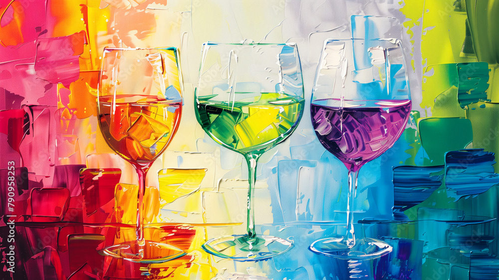 Poster three colorful wine glasses are painted on a colorful background. the painting conveys a sense of vi