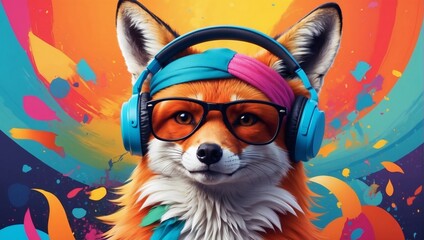 Portrait of a Party Fox with Headphones and Sunglasses on a Colorful Abstract Background.