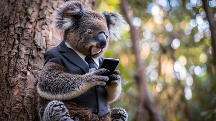 Koala in a business suit negotiating an important deal on a smartphone atop a eucalyptus tree - obrazy, fototapety, plakaty