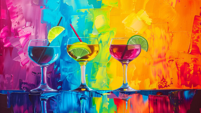 Three colorful wine glasses are painted on a colorful background. The painting conveys a sense of vibrancy. Perfect for adding a pop of color to any design or project