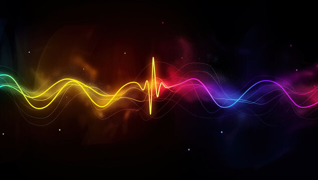 Rainbow colored waves moving through dark space. Electromagnetic spectrum. Colorful waveforms. Science and technology background. Light, sound, audio frequencies.