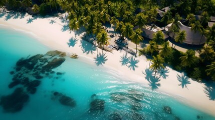 Tropical beach with palm trees and blue lagoon. Panorama