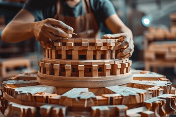 African American craftsman teaching apprentices, Hands meticulously assembling wooden structure, precise craftsmanship, detailed woodwork in progress.
