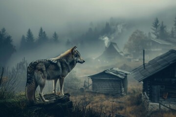 Lonely wolf as a night watchman in an eerie foggy town adding a mysterious twist to urban legends
