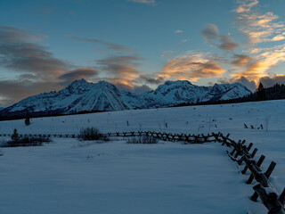 Sunset over the Sawtooth mountains of Idaho in winter