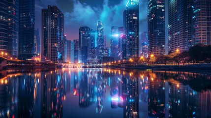 A nighttime cityscape with high-rise buildings reflecting in the calm waters of a river, creating a mesmerizing symphony of lights and reflections.