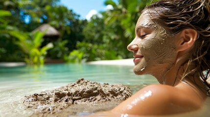 Luxurious outdoor spa setting with a woman enjoying a mineral rich mud bath serene nature backdrop