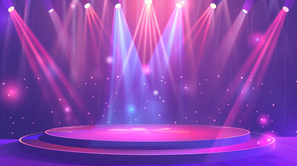 Star podium with lighting, Music stage background, Show performance in concert illuminated by spotlights