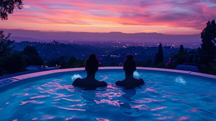 Luxurious spa retreat where guests float in a celestial pool under a crystal clear night sky promoting ultimate relaxation