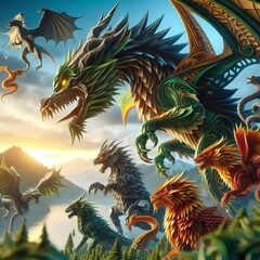 Epic Tale Unfolds: Majestic Dragon Overlooks Armored Warriors Amidst Mountainous Landscape Under Golden Sunlight - obrazy, fototapety, plakaty