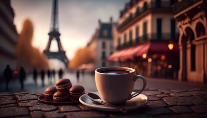 Fotobehang Cup coffee in the background Paris Eiffel Tower. Generative AI, © Яна Ерік Татевосян