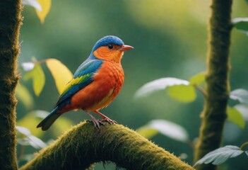 A colorful bird sits on a branch in the forest.Vivid Birdlife: 8K Ultra-HD Photography
