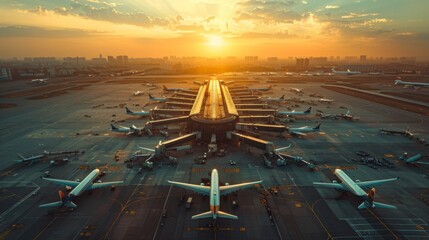 A panoramic aerial view of a modern airport with planes taking off and landing, showcasing the global connectivity facilitated by air transportation. - obrazy, fototapety, plakaty