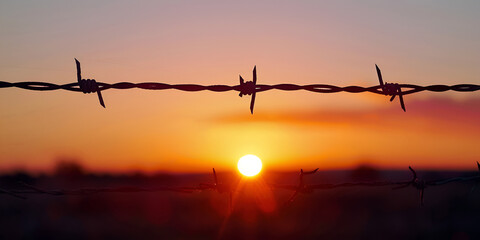 Barbed wire on sunset with blur background