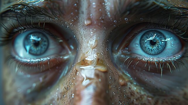 Close up image on human eyes and a sweaty face.