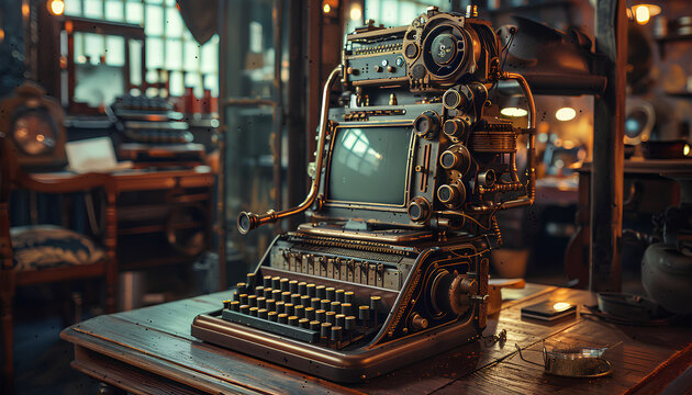 computer in steampunk style on a table on a blurred background of the room