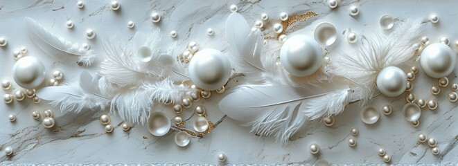 Luxury panel wall art where a marble backdrop is enhanced with feathers and scattered pearls for an opulent effect