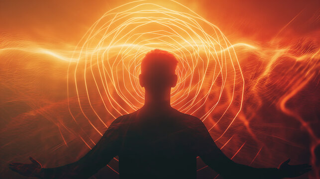 Silhouette of a man surrounded by red and orange circular waves of energy. Person emitting or receiving glowing waves of light. Altered state of consciousness, power of the mind.