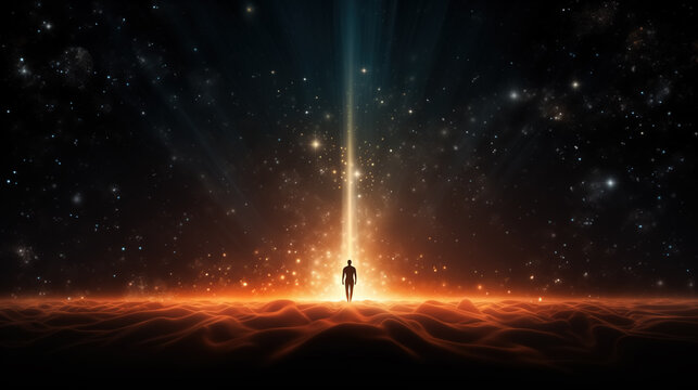 Person standing under the beam of bright light, surrounded by glowing golden energy.  Silhouette of a man on dark cosmic background with stars and sparkles. Mystical experience.