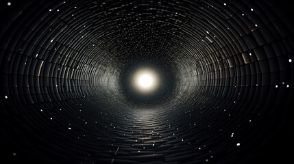 Eerie dark tunnel leading to the glowing white light. Mysterious portal, gateway to another word or a different dimension. Afterlife, hope, travel, exploring the unknown. - obrazy, fototapety, plakaty