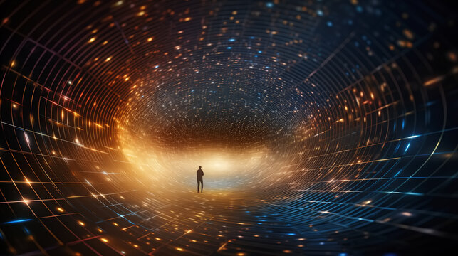 Silhouette of a person in a shiny tunnel of light with golden grids, looking at the light in front. Mystical experience, portal, gateway to another dimension, exploring the unknown.
