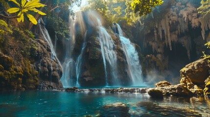 A panoramic view of a majestic waterfall cascading into a pristine pool below, a natural wonder for adventurous travelers."