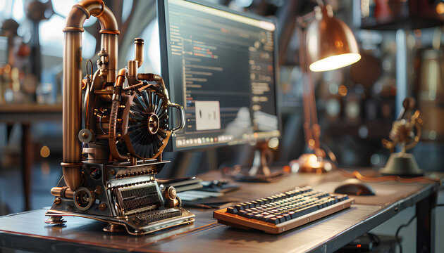 computer in steampunk style on a table on a blurred background of the room