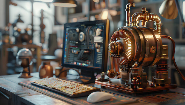 computer in steampunk style on a table on a blurred background of the room