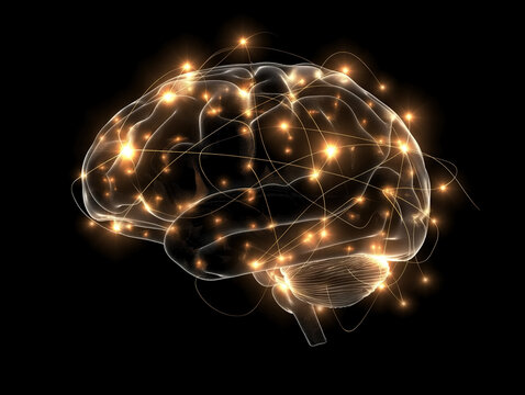Brain glowing in the dark with golden light. Neural network of the brain with lights and sparkles representing brain activity. Mental energy, brain function, thinking and cognition concepts.