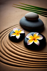 Zen Stones with lines on spa sand and plumeria flower harmony concept. Generative AI,