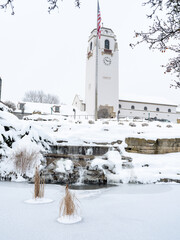 Clock tower at the Boise depot in winter