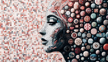 AI generated illustration of a mosaic profile of a woman, composed of intricate tiles and spheres