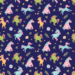 Seamless pattern with cute unicorns.  A mythological and magical creature. Design for fabric, textiles, wallpaper, packaging.