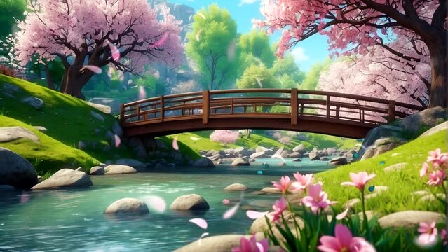 Illustration of a Japanese garden with cherry trees and a bridge. seamless looping 4K time-lapse 