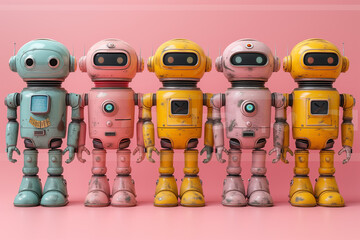 collection of many different vintage robots on pink background