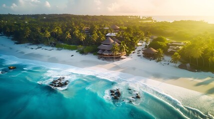Aerial panoramic view of beautiful tropical beach with turquoise water and white sand.