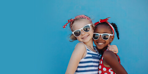 Two Best Friends in Sunglasses and Dressed in 4th of July Clothes on a Blue Background with Space for Copy