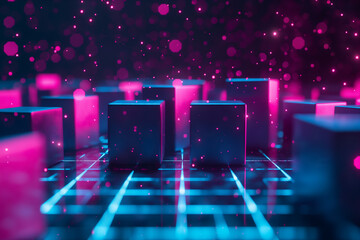 abstract background with glowing cubes in pink and blue