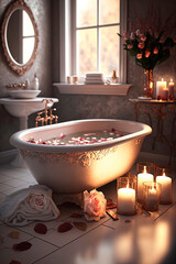 Elegant white bathroom interior with romantic atmosphere, burning candles and rose petals. Generative AI,